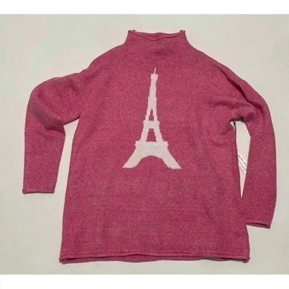 Cupcakes & Cashmere Eiffel Tower Long Sleeve Turtle Neck Sweater Top Pink M - Picture 1 of 4